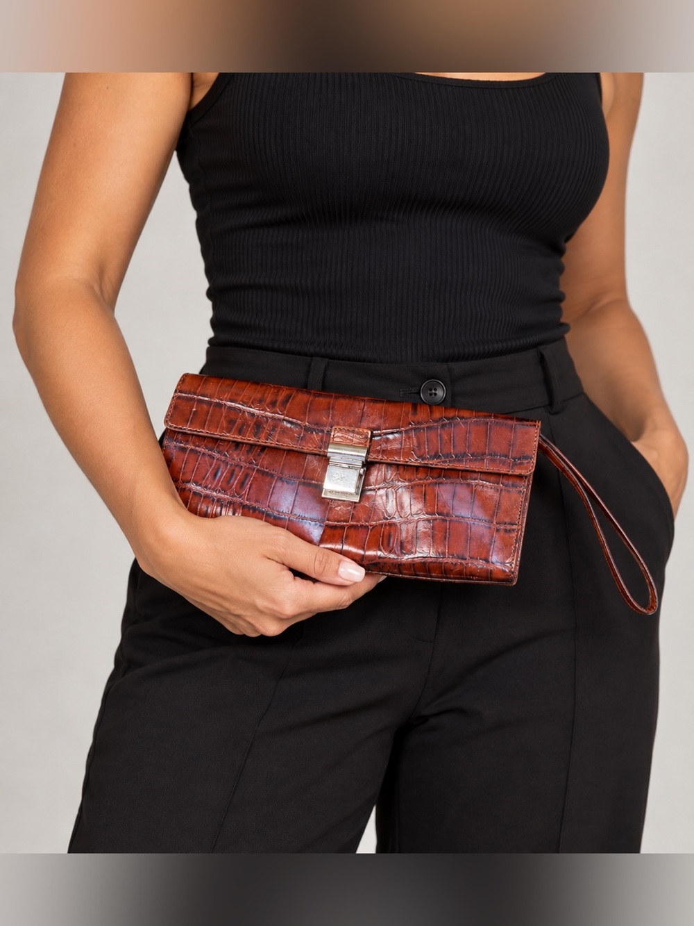 Adrienne Vittadini Croc-Embossed Wristlet Clutch in Chestnut
